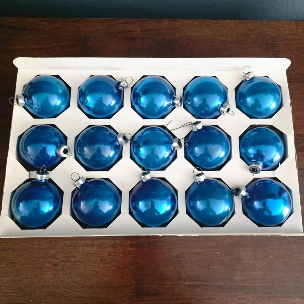 Holly Solid Blue Glass Christmas Ornament 15 Count Shiny 2 1/4 Inch Made In USA